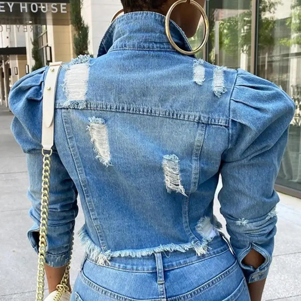 Women's Ripped Denim Jacket with Puff Sleeves Vintage Short Coat
