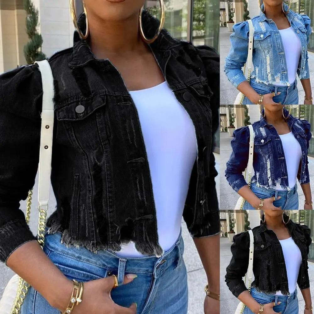 Women's Ripped Denim Jacket with Puff Sleeves Vintage Short Coat