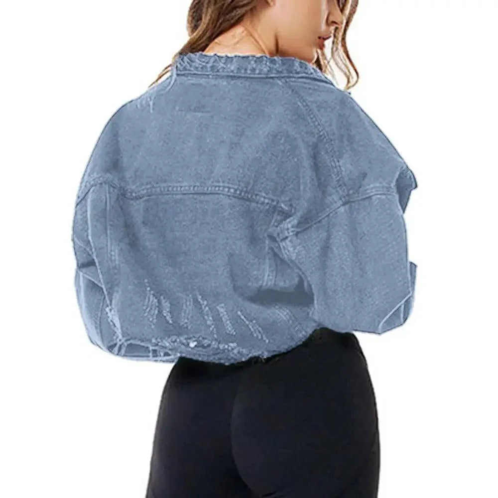 Women's Ripped Denim Jacket with Puff Sleeves Vintage Short Coat