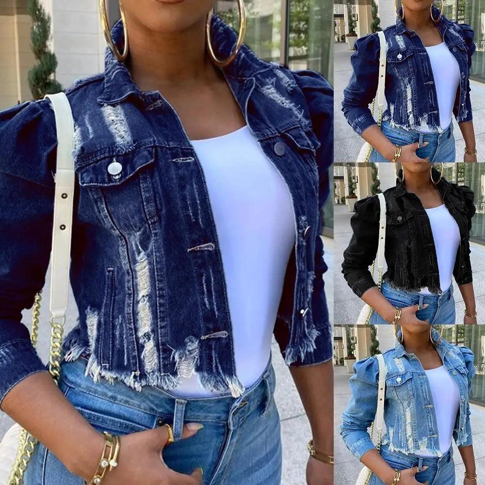 Women's Ripped Denim Jacket with Puff Sleeves Vintage Short Coat