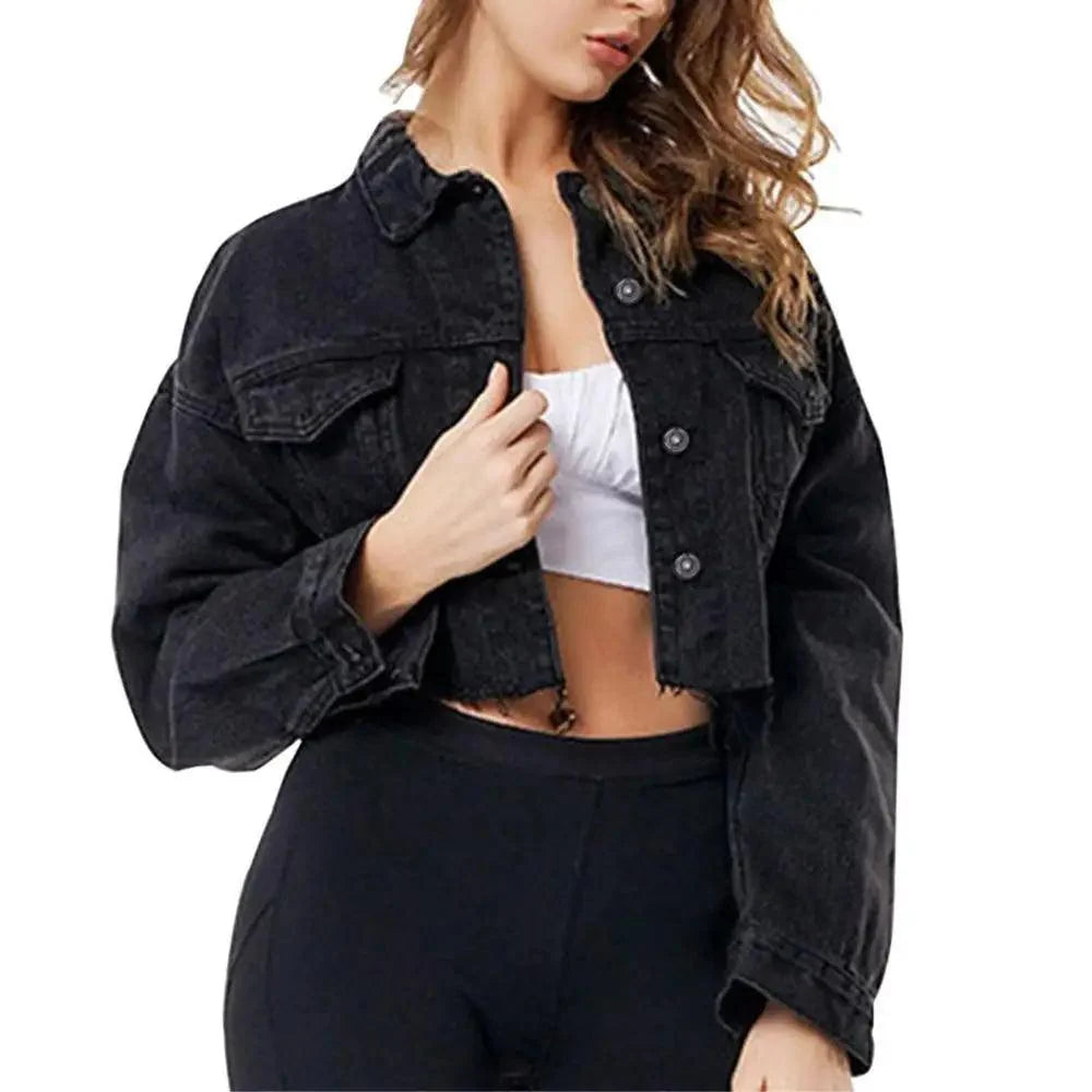 Women's Ripped Denim Jacket with Puff Sleeves Vintage Short Coat