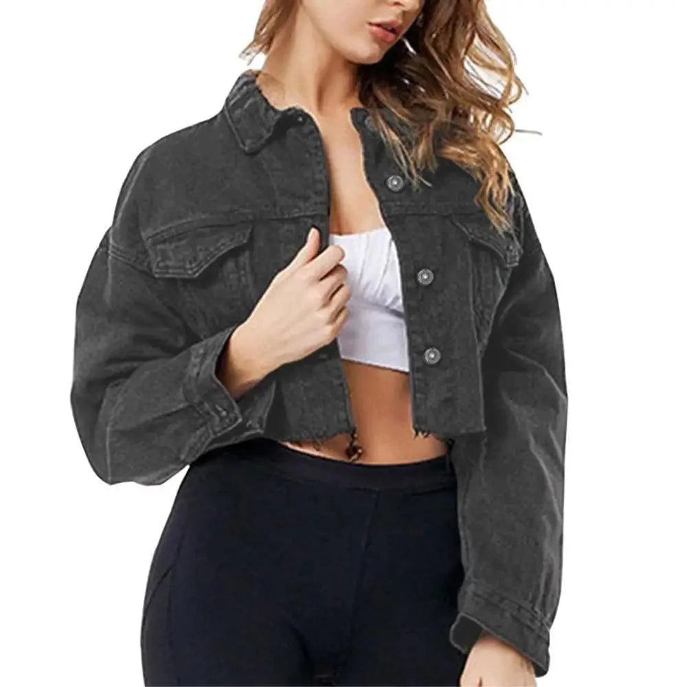 Women's Ripped Denim Jacket with Puff Sleeves Vintage Short Coat