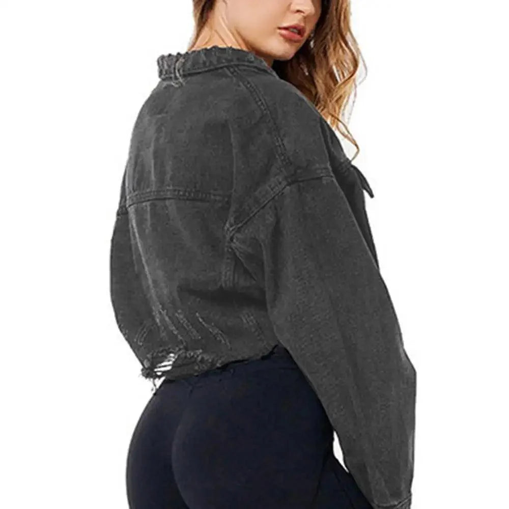 Women's Ripped Denim Jacket with Puff Sleeves Vintage Short Coat