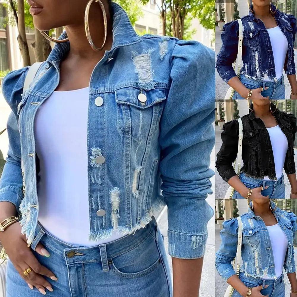 Women's Ripped Denim Jacket with Puff Sleeves Vintage Short Coat