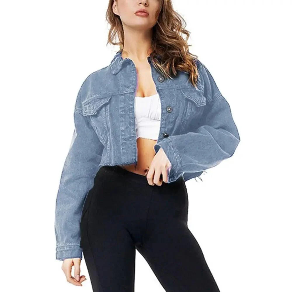 Women's Ripped Denim Jacket with Puff Sleeves Vintage Short Coat