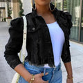 Women's Ripped Denim Jacket with Puff Sleeves Vintage Short Coat