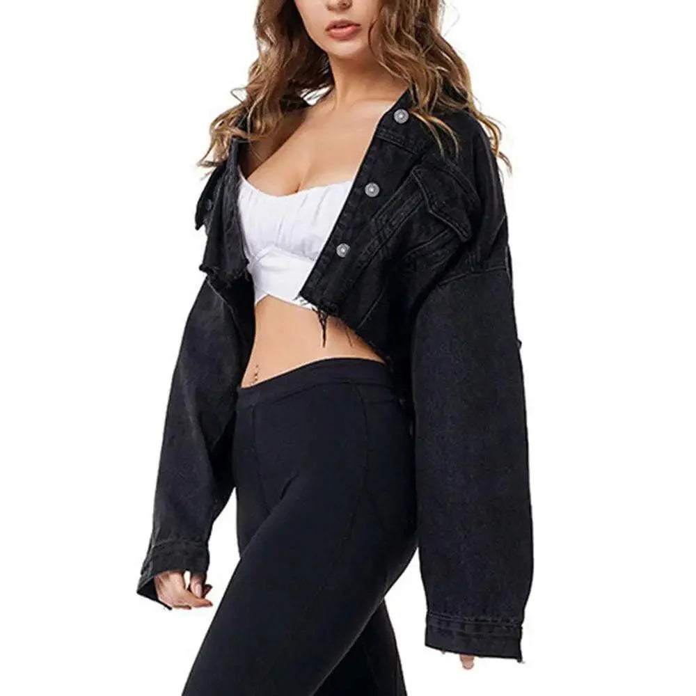 Women's Ripped Denim Jacket with Puff Sleeves Vintage Short Coat