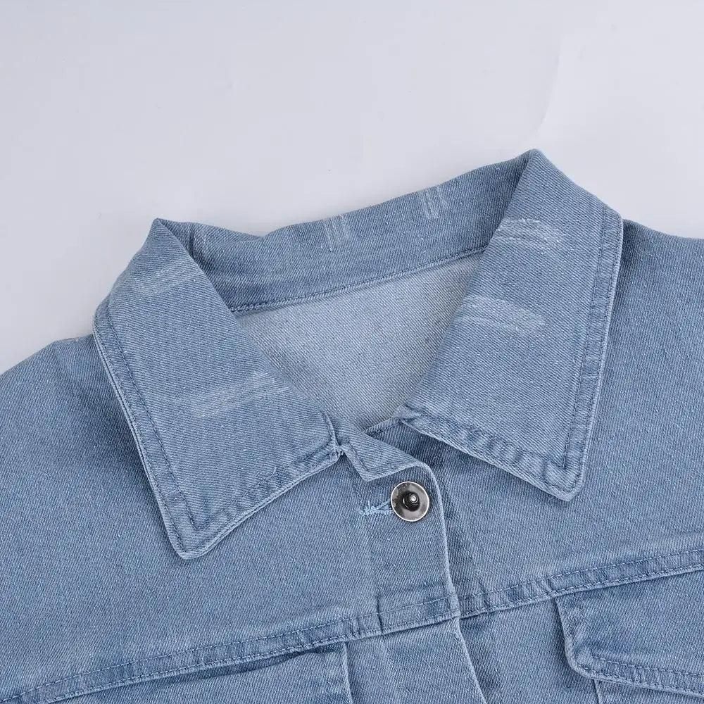 Women's Ripped Denim Jacket with Puff Sleeves Vintage Short Coat
