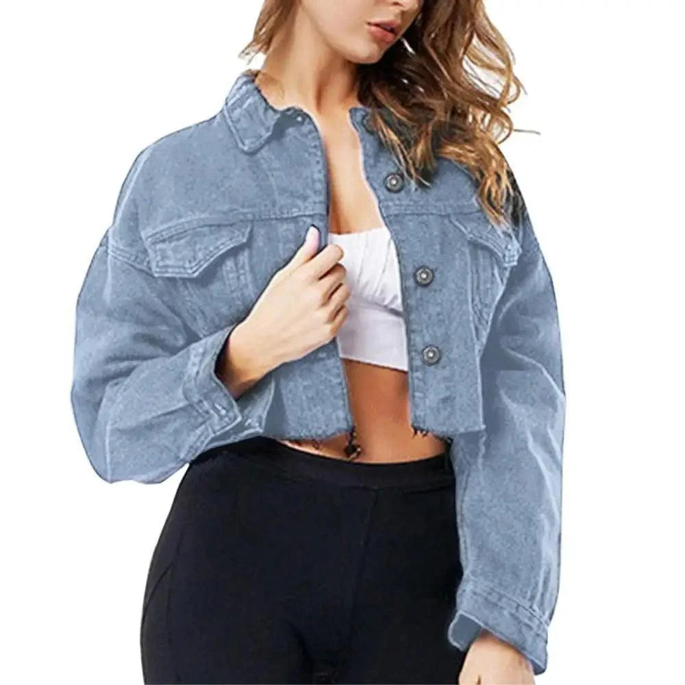 Women's Ripped Denim Jacket with Puff Sleeves Vintage Short Coat