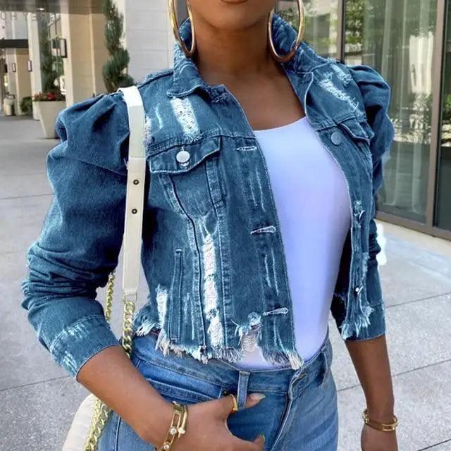 Women's Ripped Denim Jacket with Puff Sleeves Vintage Short Coat