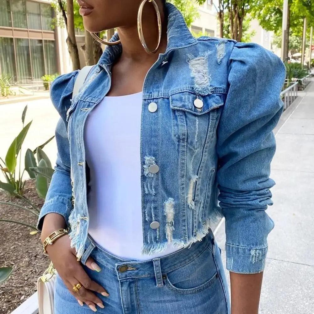 Women's Ripped Denim Jacket with Puff Sleeves Vintage Short Coat