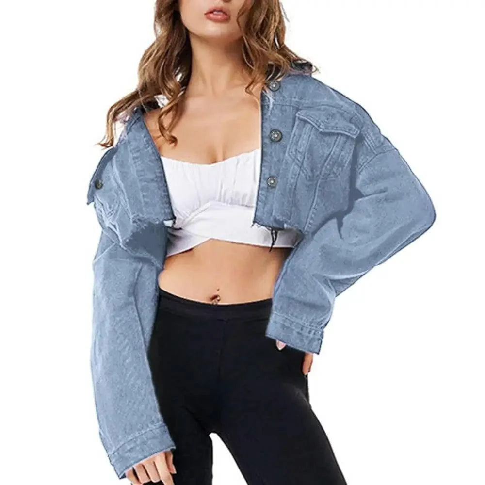 Women's Ripped Denim Jacket with Puff Sleeves Vintage Short Coat