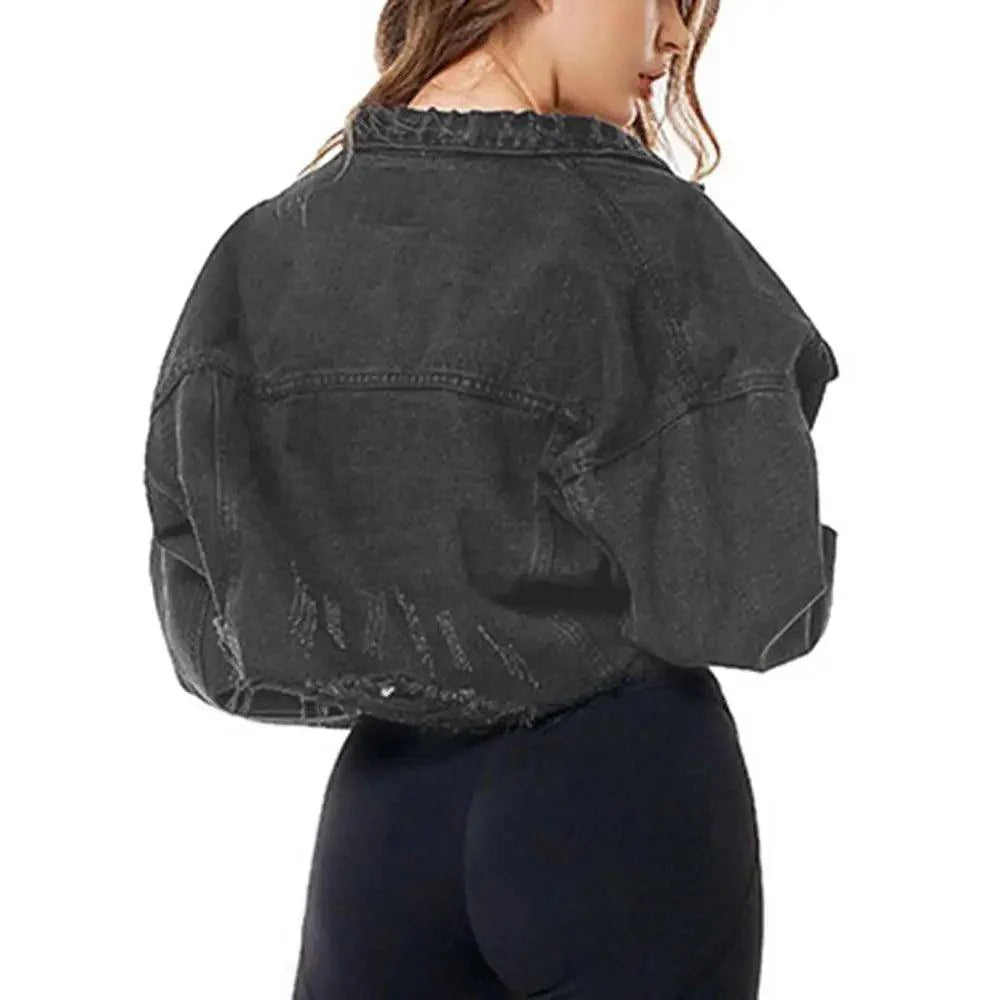 Women's Ripped Denim Jacket with Puff Sleeves Vintage Short Coat