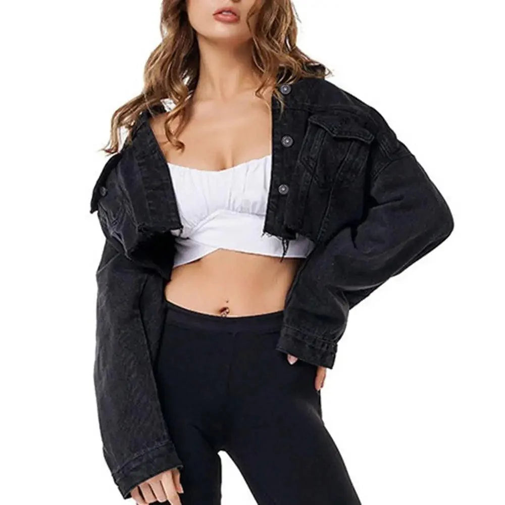 Women's Ripped Denim Jacket with Puff Sleeves Vintage Short Coat