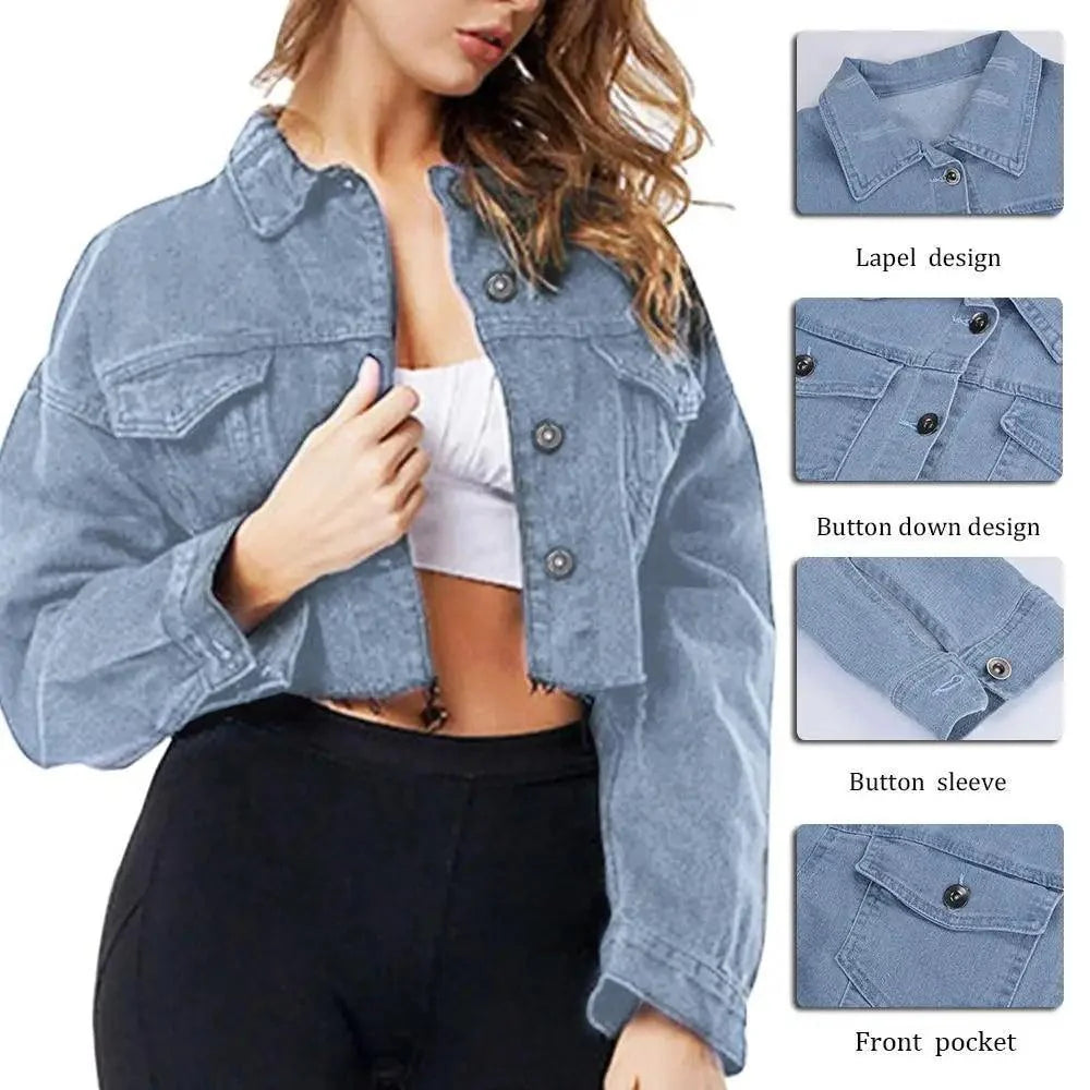 Women's Ripped Denim Jacket with Puff Sleeves Vintage Short Coat