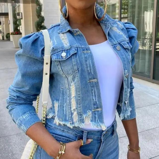 Women's Ripped Denim Jacket with Puff Sleeves Vintage Short Coat