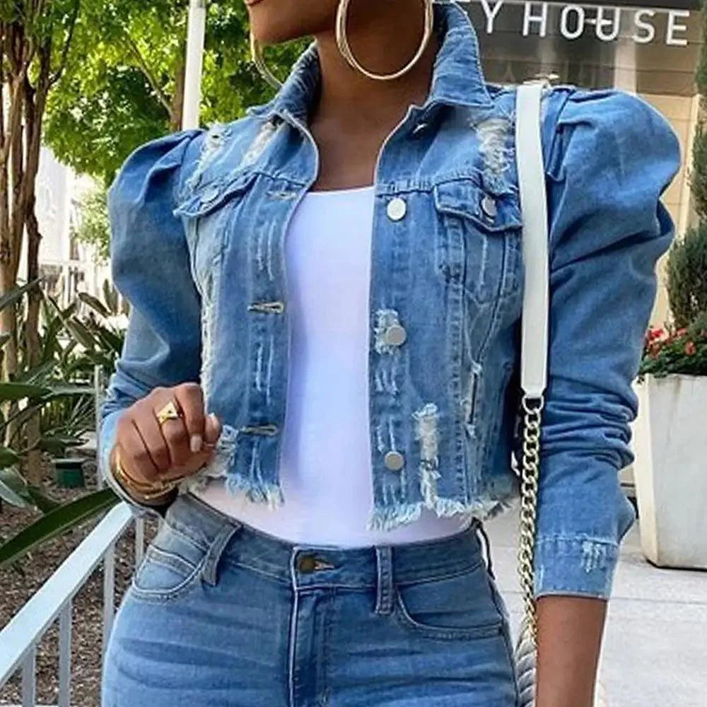 Women's Ripped Denim Jacket with Puff Sleeves Vintage Short Coat