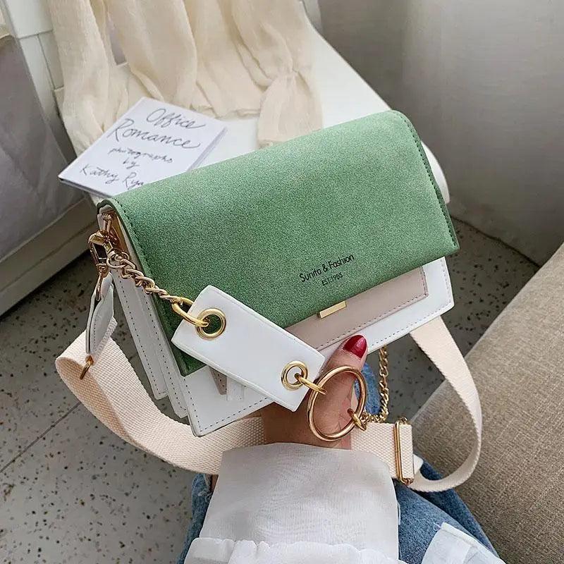 Modern Contrast Leather Crossbody Bag with Chain Strap