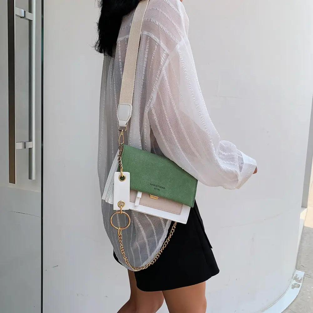 Modern Contrast Leather Crossbody Bag with Chain Strap