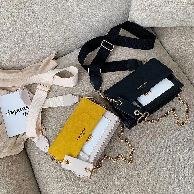 Modern Contrast Leather Crossbody Bag with Chain Strap