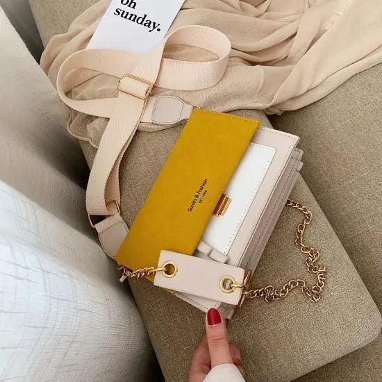 Modern Contrast Leather Crossbody Bag with Chain Strap