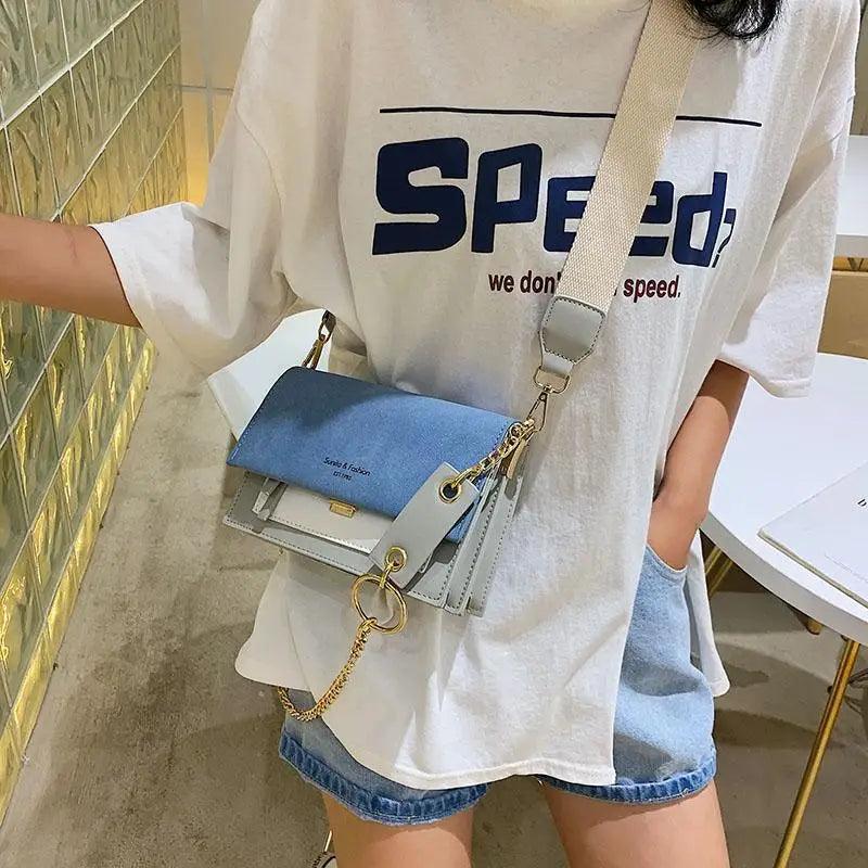 Modern Contrast Leather Crossbody Bag with Chain Strap