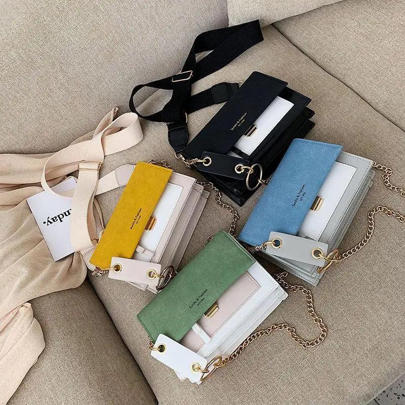 Modern Contrast Leather Crossbody Bag with Chain Strap