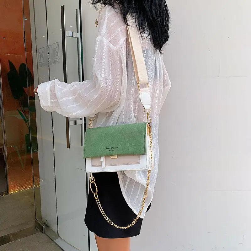Modern Contrast Leather Crossbody Bag with Chain Strap