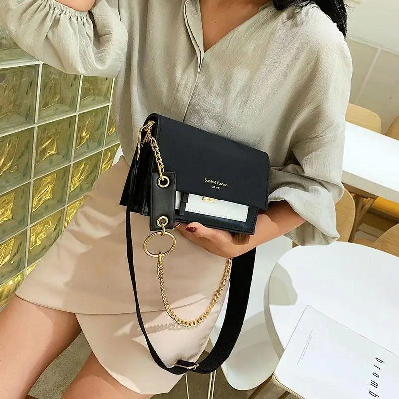 Modern Contrast Leather Crossbody Bag with Chain Strap