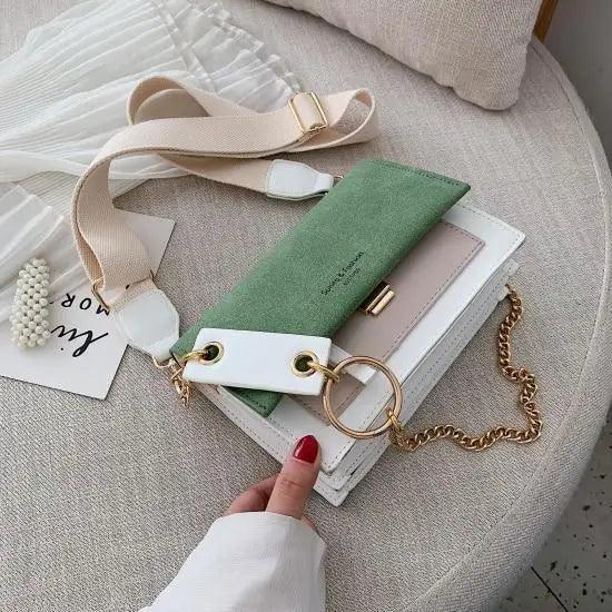 Modern Contrast Leather Crossbody Bag with Chain Strap