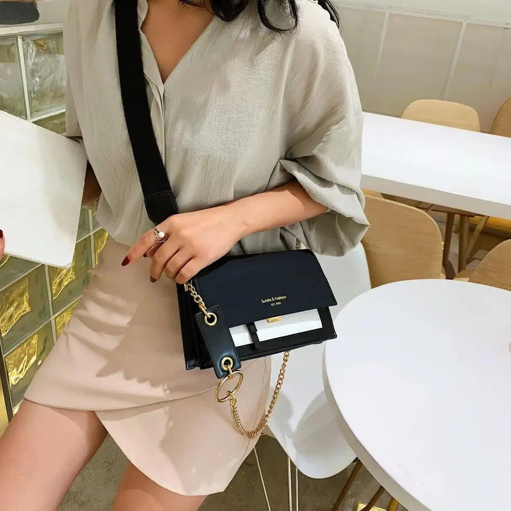 Modern Contrast Leather Crossbody Bag with Chain Strap