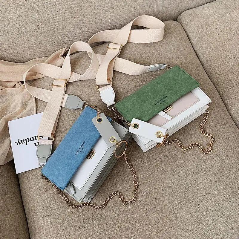 Modern Contrast Leather Crossbody Bag with Chain Strap