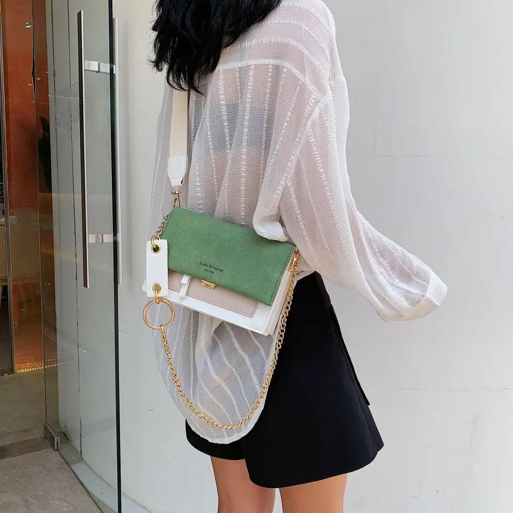 Modern Contrast Leather Crossbody Bag with Chain Strap