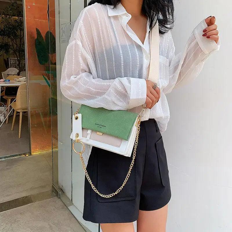 Modern Contrast Leather Crossbody Bag with Chain Strap