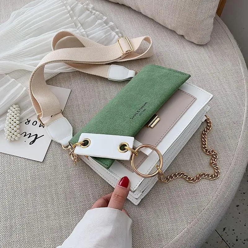 Modern Contrast Leather Crossbody Bag with Chain Strap