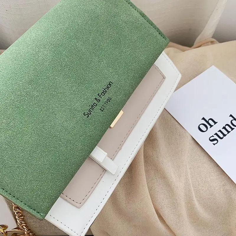 Modern Contrast Leather Crossbody Bag with Chain Strap