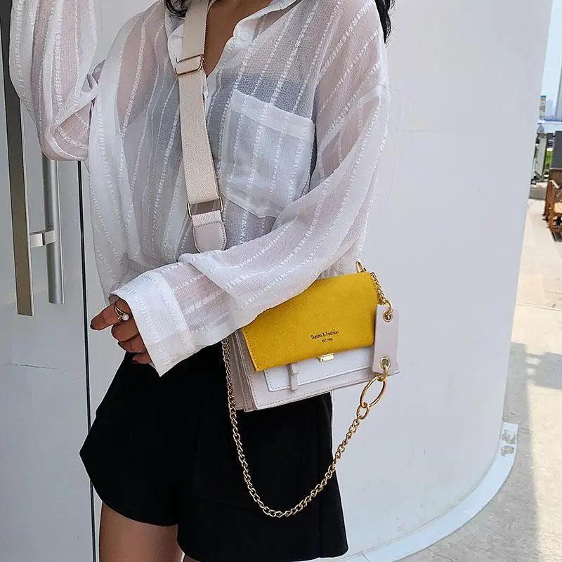 Modern Contrast Leather Crossbody Bag with Chain Strap
