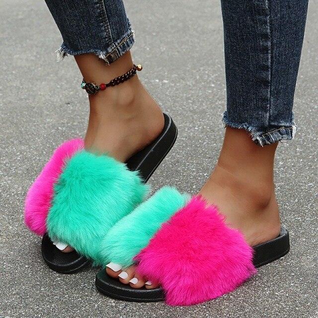Luxury Plush Faux Fur Slippers with Anti-Slip Soles for Women