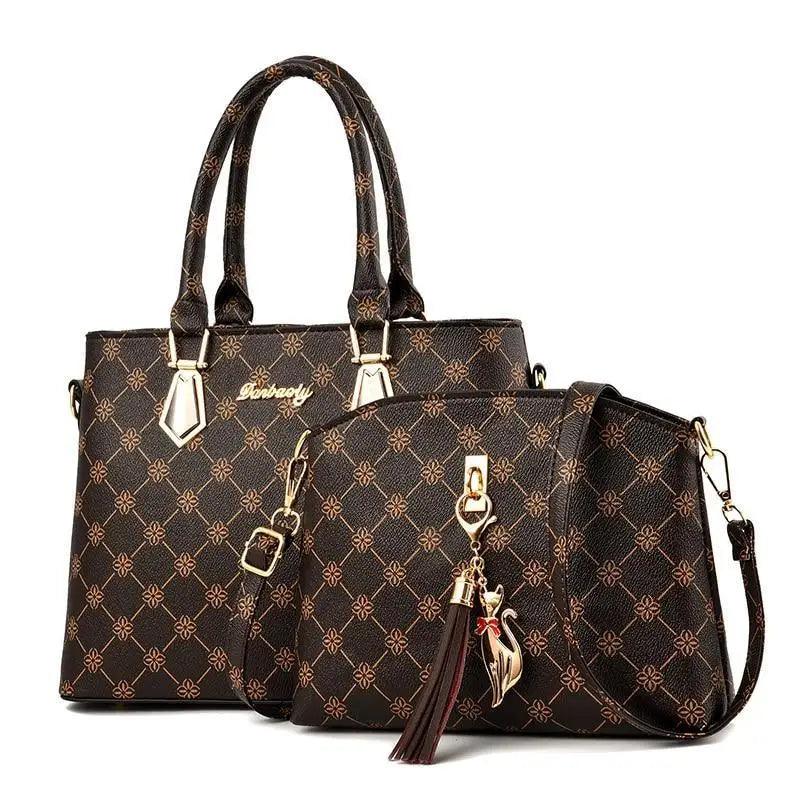 Luxury 2-piece leather handbag set including a large tote and a matching accessory bag.