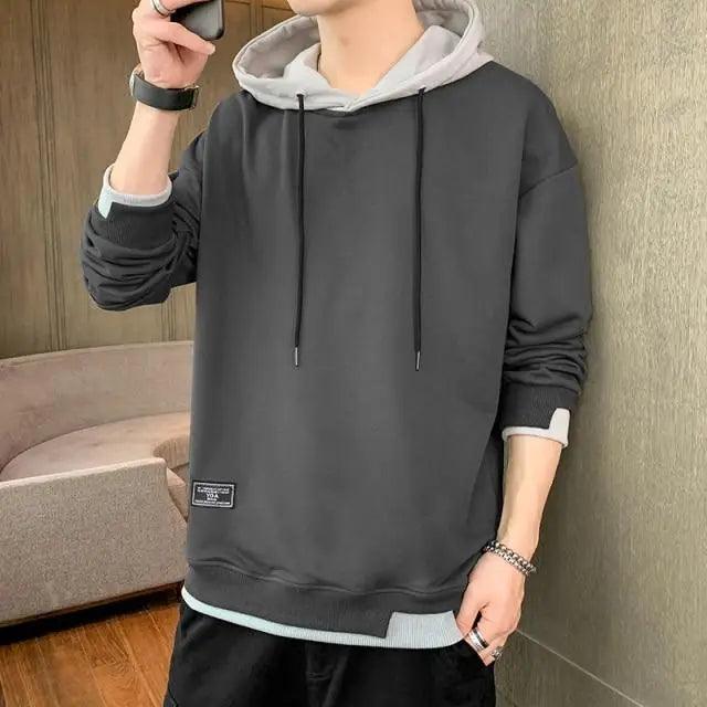 Men's Casual Pullover Hoodie with Drawstring and Floral Print