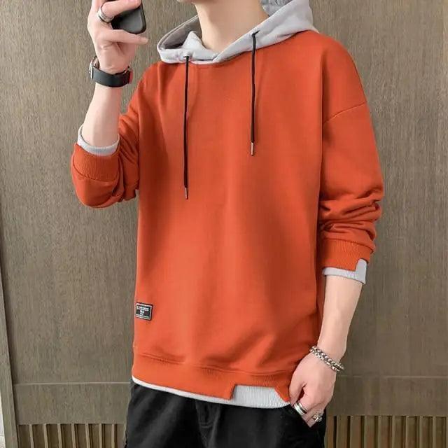 Men's Casual Pullover Hoodie with Drawstring and Floral Print