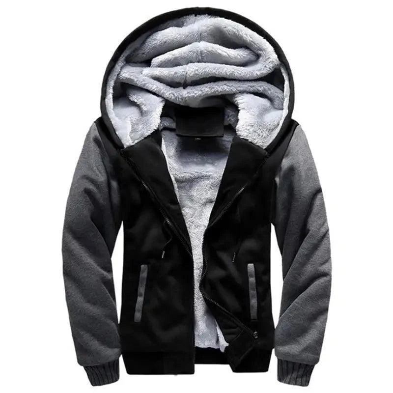 A thick fleece-lined men's hoodie featuring ribbed cuffs, a drawstring hood, and hand-warmer pockets.
