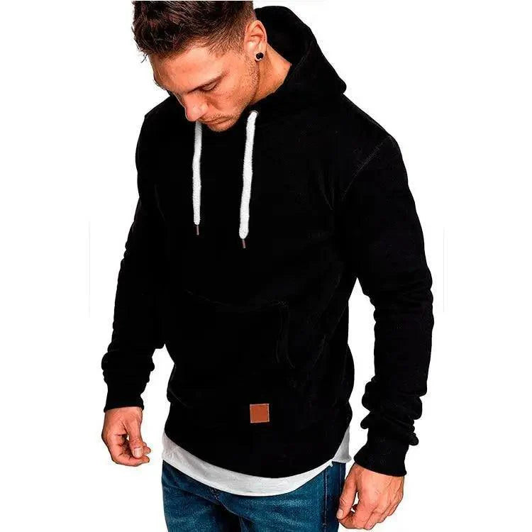 Men's solid color cotton pullover hoodie with front pocket and drawstring in black, tan, maroon, and white.