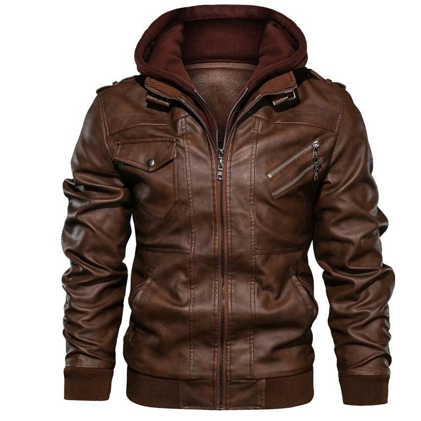 Men's motorcycle style PU leather jacket with hood in black and brown.