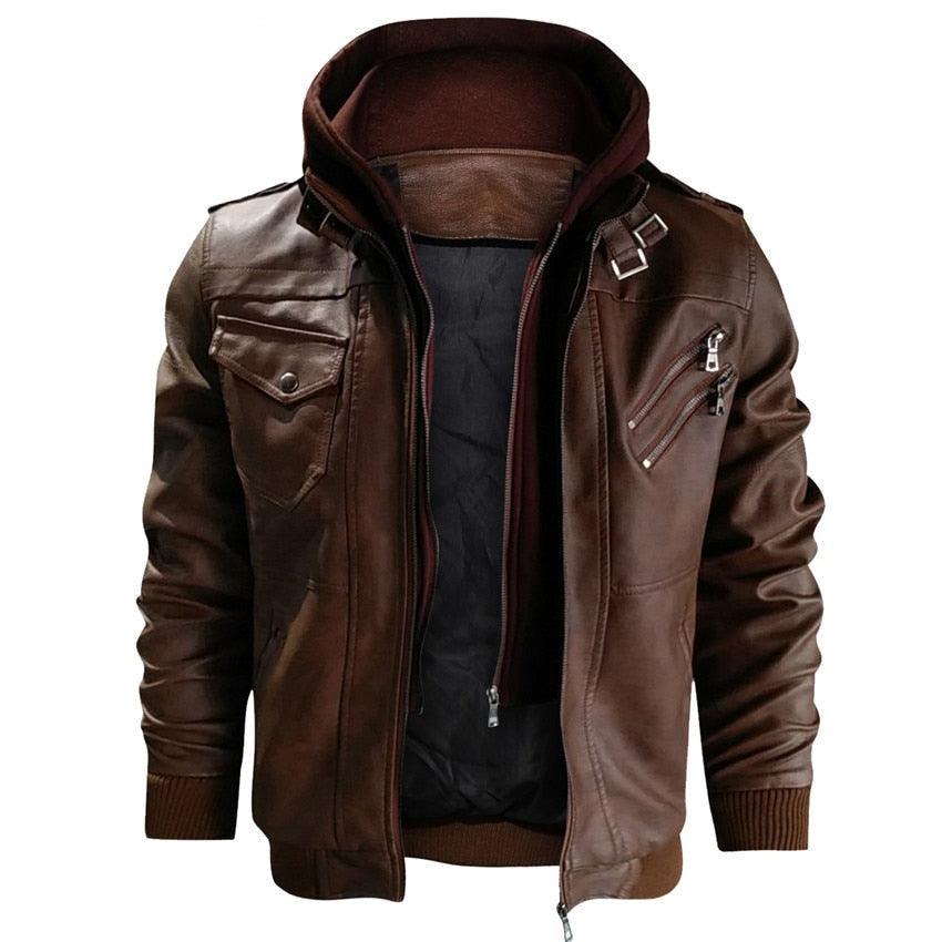 Men's Vintage Style Motorcycle PU Leather Hooded Jacket