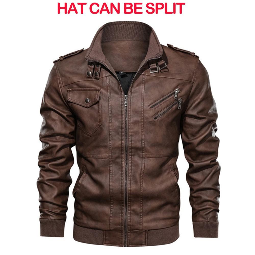Men's Vintage Motorcycle Jacket with Removable Hood - Black Biker Coat