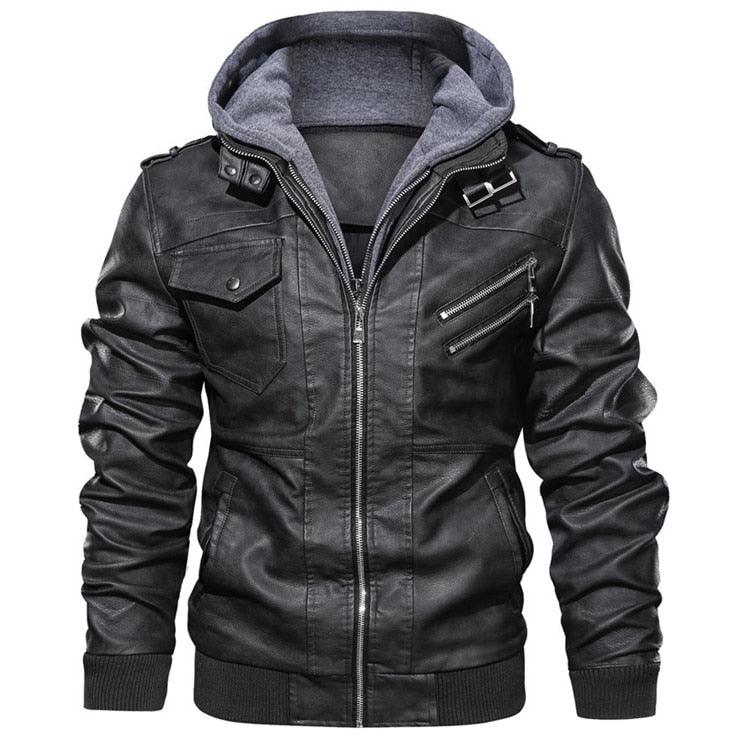 Men's Vintage Motorcycle Jacket with Removable Hood - Black Biker Coat