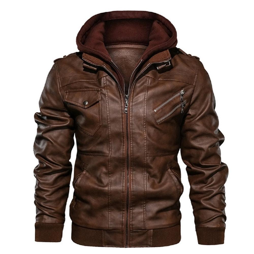 Men's Vintage Motorcycle Jacket with Removable Hood - Black Biker Coat