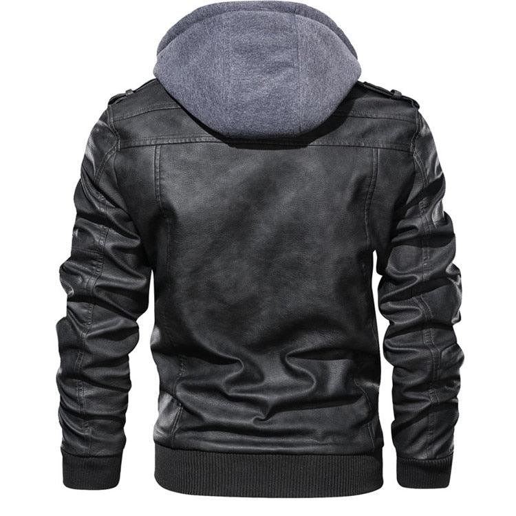 Men's Vintage Motorcycle Jacket with Removable Hood - Black Biker Coat