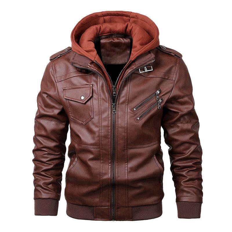 Men's Vintage Motorcycle Jacket with Removable Hood - Black Biker Coat